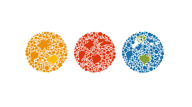 Three colorful abstract circle images, each filled with dots, suggesting world maps