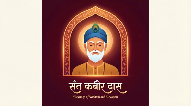 Kabir Jayanti saint portrait with glowing aura and temple arch frame on red background for Indian spiritual festival greeting banner and devotional poster design