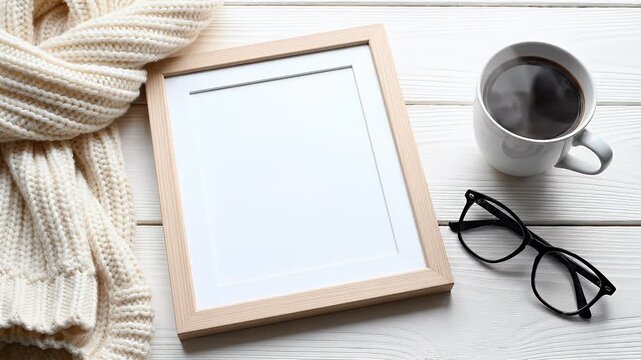 A cozy still life scene featuring a knitted scarf, a blank picture frame, a steaming mug of coffee, and eyeglasses arranged on a white wooden surface.