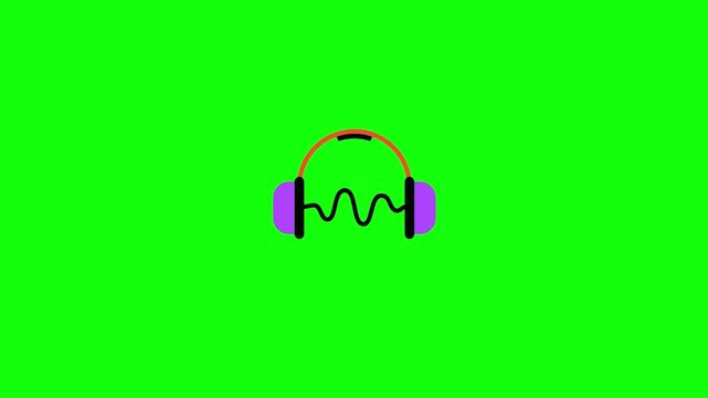 Animated 2D headphone icon, black sound wave vibrating between ear cups, flat vector style, isolated on green screen background.