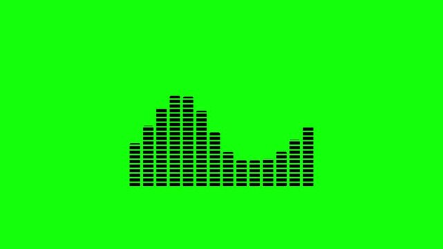 Animated black audio equalizer bars moving up and down rhythmically, simulating sound visualization, isolated on green screen background.