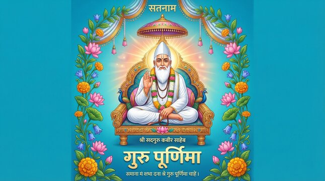 Guru Purnima Kabir Das saint seated on royal throne with floral frame and radiant aura for Indian spiritual festival greeting banner design and devotional poster use