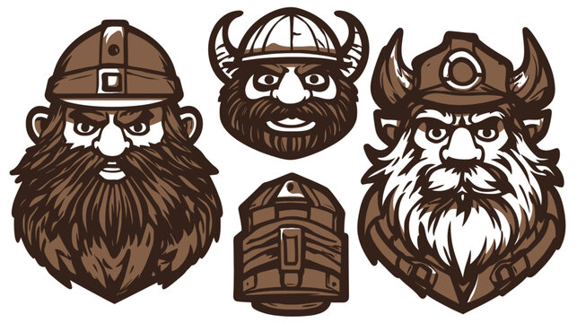 Set of five cartoon illustrations of bearded dwarves wearing different helmets and armor