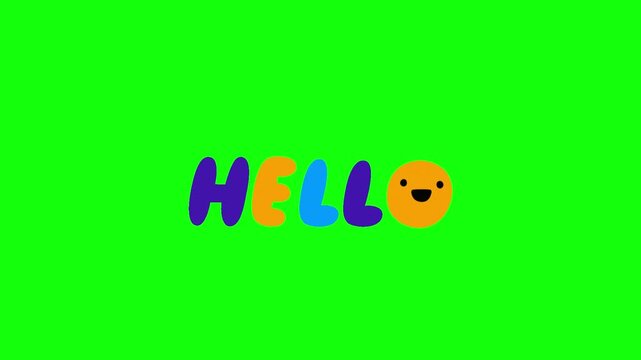 Animated 2D colorful text 'HELLO' with a smiling face as the letter O, letters bouncing slightly, isolated on green screen background.