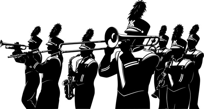 Marching band silhouettes with trumpet, trombone, flute, saxophone, clarinet, musicians in uniform, parade performance, musical ensemble illustration design artwork 
