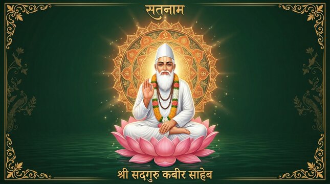 Guru Purnima Kabir Das divine illustration with saint seated on lotus glowing aura and soft cloud sky background for Indian spiritual festival greeting poster design