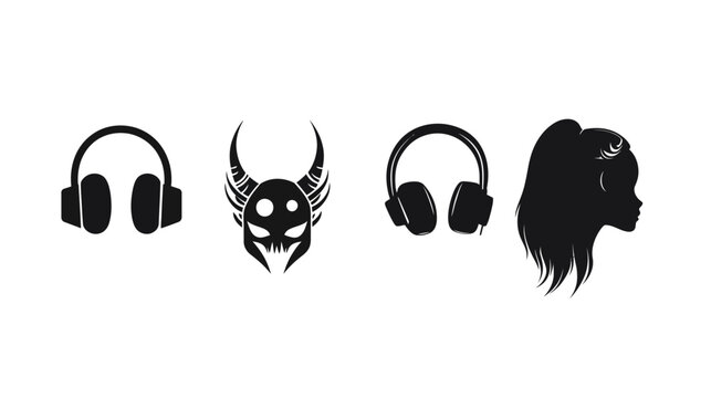 A collection of black silhouettes on white; headphones, devil face, more headphones, and a woman's profile