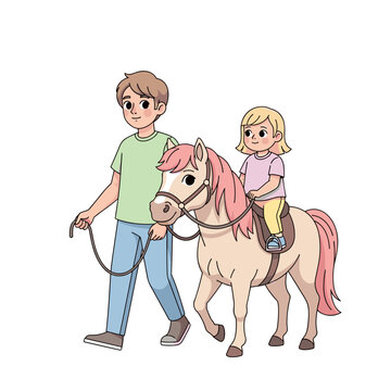 Boy leading pony with girl riding and smiling on white background, Teenager walking pony child