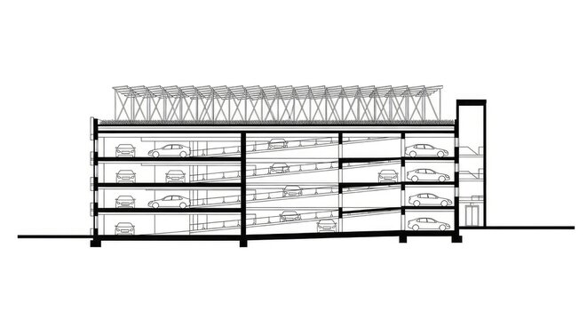 Architectural cross section of a multi level parking structure with ramps and vehicles