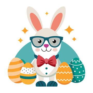 Frohe Ostern Gru&szlig;kartenkonzept mit lustigem Osterhasen, Hase tr&auml;gt Sonnenbrille und elegante Fliege, umgeben von dekorativen Ostereiern, freundlicher und humorvoller Ausdruck, moderner minimalistische