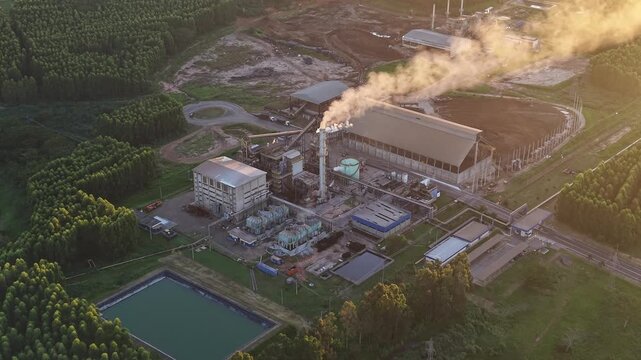 An aerial view of a large industrial factory emitting smoke into the air surrounded by trees and a pond