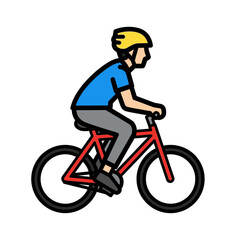 Naklejka premium Man in blue shirt and yellow helmet cycling on red bicycle, side view, cartoon style