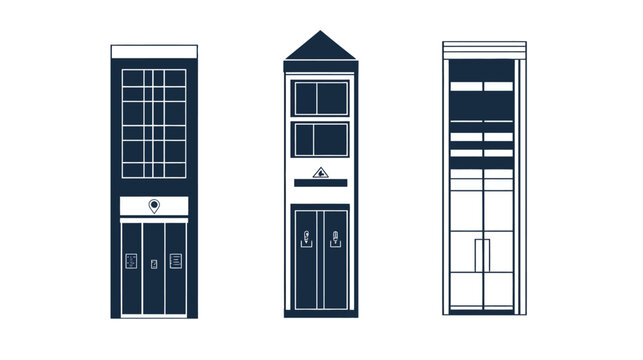 Three minimalist architectural illustrations of buildings with different facades and entrances