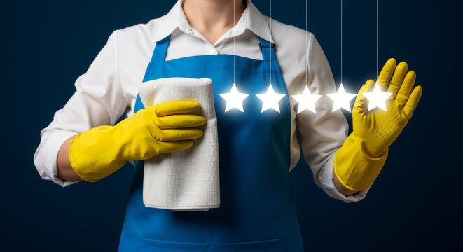 Professional cleaner in uniform displaying five-star service rating, symbolizing top-quality cleaning and customer satisfaction