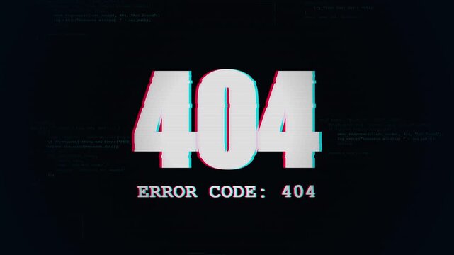 404 error code with glitch effect. Page not found on dark code background. Cyan red chromatic aberration style. Web server failure and broken link concept.
