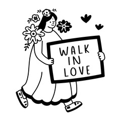 Naklejka premium A glyph sticker of a hippie woman holding a sign that says 