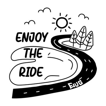 A glyph sticker of enjoy ride with mountains, trees, and road scenery

