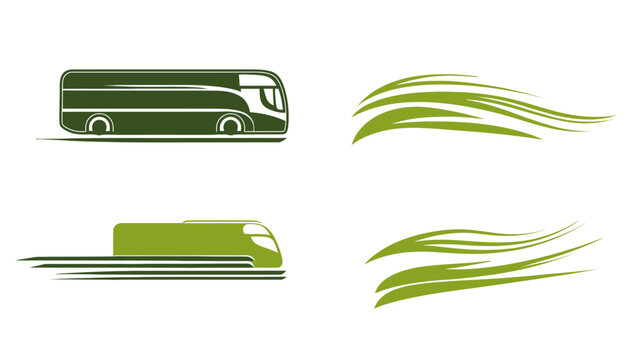Collection of stylized illustrations of a bus, a train, and abstract, organic shapes
