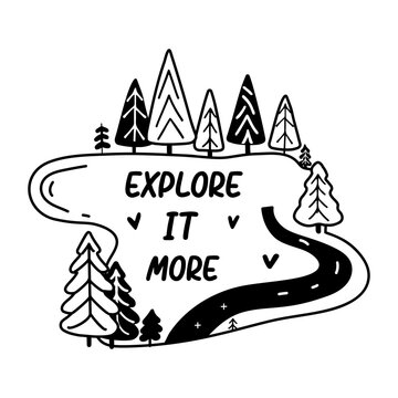 A glyph sticker of a forest scene with explore more typography 

