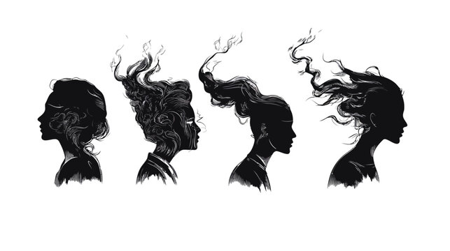 Silhouette series showcasing four stylized female profiles, with flowing hair against a white backdrop