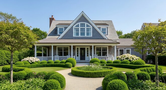 Beautiful coastal cottage with a manicured garden and circular boxwood hedge in the front yard on a sunny day