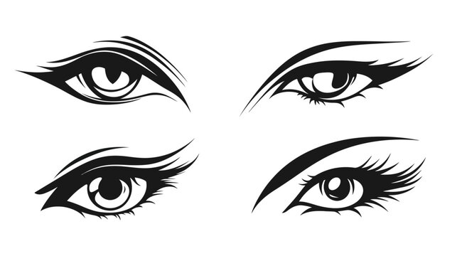 Four stylized eye illustrations in black on a white background, focusing on detailed eyelashes and brows