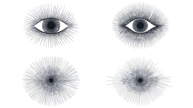 Four stylized eye drawings with surrounding lines, two are eyes open, two are closed