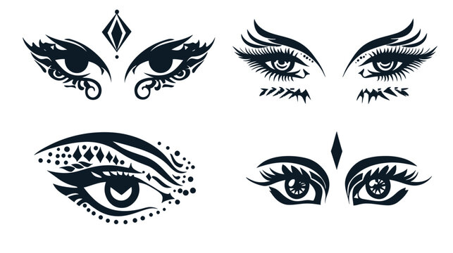Four pairs of stylized eye designs in dark navy on a white background, with varying decorative details