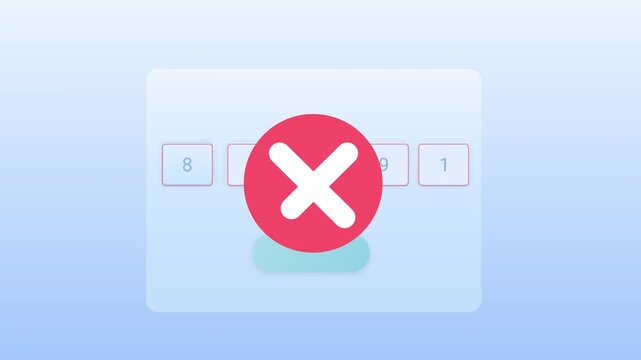 UI animation of OTP input error on a secure digital interface with shaking fields and red cross indicator, representing failed login authentication and cybersecurity feedback.