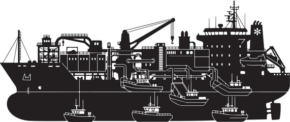 Obraz premium Industrial cargo ship, tanker vessel, black silhouette illustration, maritime transportation, cargo boat