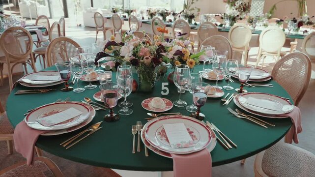 Round dining table decorated with flowers plates glassware and cutlery arranged for wedding reception indoors