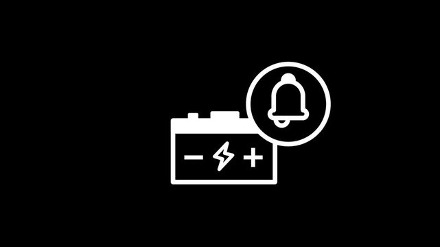 A car battery icon with a bell notification badge representing a battery level warning, charging reminder, or electric vehicle power status alert