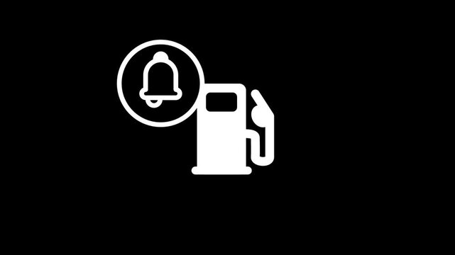 A gas pump icon paired with a bell notification symbol indicating a fuel level alert, refueling reminder, or petrol station proximity notification for drivers