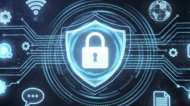 Cyber protection animation video with digital shield lock, secure network defense concept, encrypted privacy control and futuristic security interface background