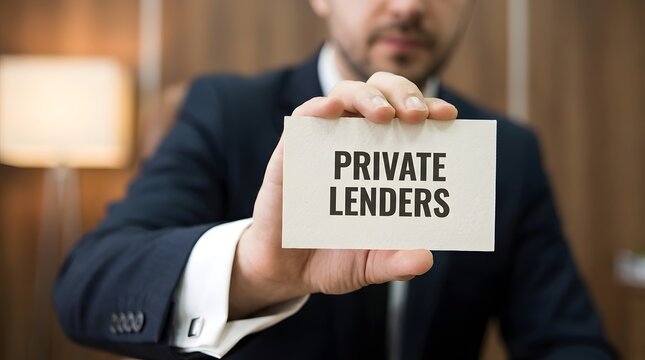 Private lenders concept with businessman holding card representing finance loans credit funding investment options and alternative lending solutions in modern economy