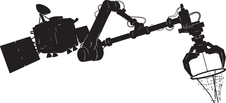 Industrial robotic arm, mechanical claw, black silhouette, vector illustration, factory automation, robotics