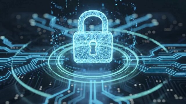 Digital security animation video with glowing cyber padlock, encrypted network protection concept, secure access control and futuristic technology background