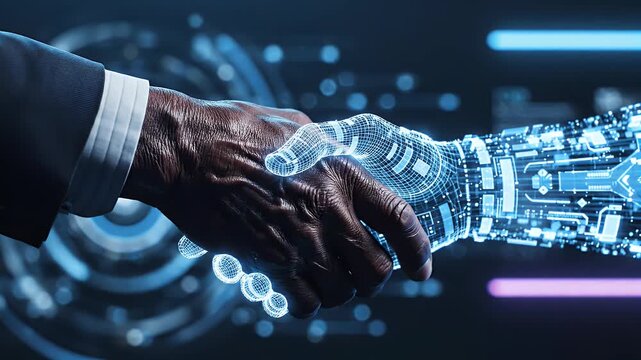 A striking visual depicts a human hand reaching out to connect with a glowing, digital representation of a robotic hand, symbolizing the convergence of humanity and technology.