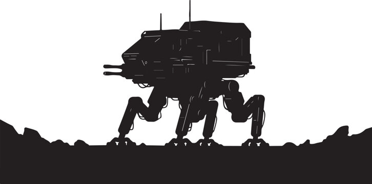 Black silhouette sci-fi robot, futuristic mech walker, robotic creature, dark illustration