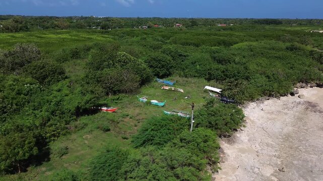 Aerial view of traditional Bangka boats resting on green grass near a tropical beach surrounded by dense vegetation creating an unusual coastal scene on Bantayan Island Philippines.
Untouched Nature.