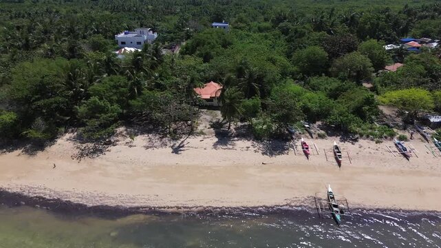 Aerial view top down tilt up of traditional Bangka boats anchored along a tropical shoreline with clear water and sandy beach surrounded by lush green vegetation on Bantayan Island Southeast Asia