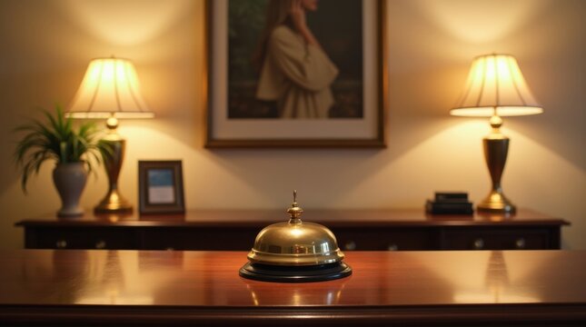 Mostrador de recepci&oacute;n de madera pulida con una campana de lat&oacute;n centrada sobre una superficie limpia y despejada