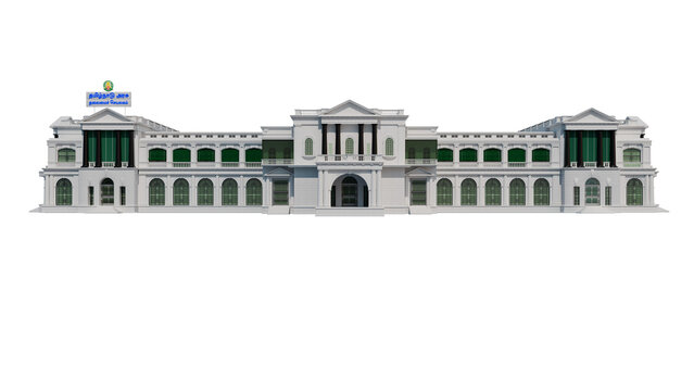 High-quality 3D transparent architectural render of the Tamil Nadu Secretariat building featuring classical colonial design elements, symmetrical structure, white fa&ccedil;ade, green window accents,	