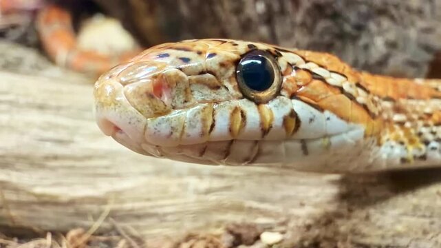 Corn snake (Pantherophis guttatus) close-up with forked tongue flick, showing detailed head scales and eye on wooden surface, macro static shot with shallow depth of field.