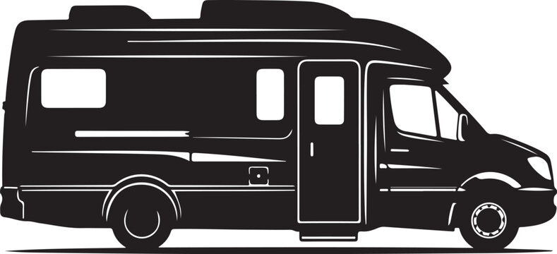 Motorhome, camper van, RV silhouette, black vector icon, travel trailer