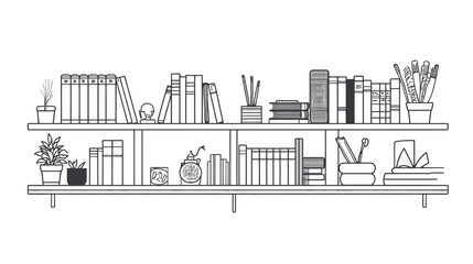 Naklejka premium Black and white illustration of bookshelves with books, plants, and accessories