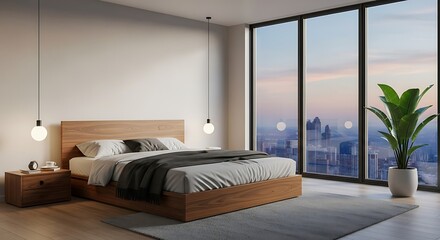Fototapeta premium Modern minimalist bedroom interior with wooden bed frame and panoramic city view window at sunset twilight hour
