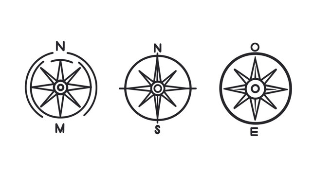 Three minimalist black and white compass illustrations, each with a different direction indicated