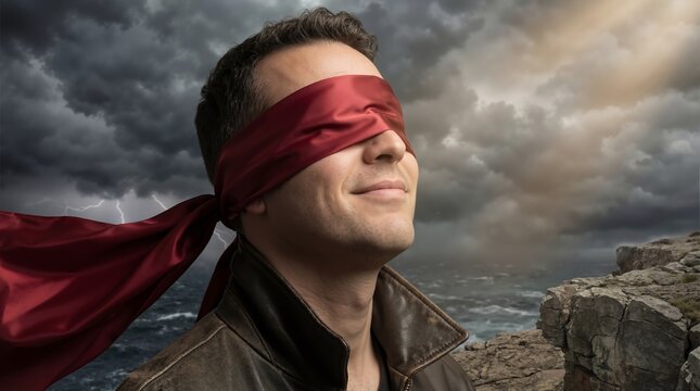 Caucasian man wearing red blindfold standing on cliff above sea during stormy weather. Concept of trust, faith and intuition. Challenge and overcoming fear in difficult situation