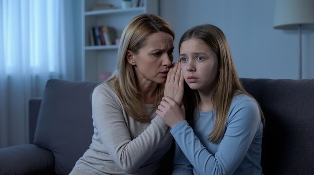 Woman whispering secret to daughter sitting on couch. Mother sharing confidential Information with kid. Family communication, worry and emotional support concept in home evening interior